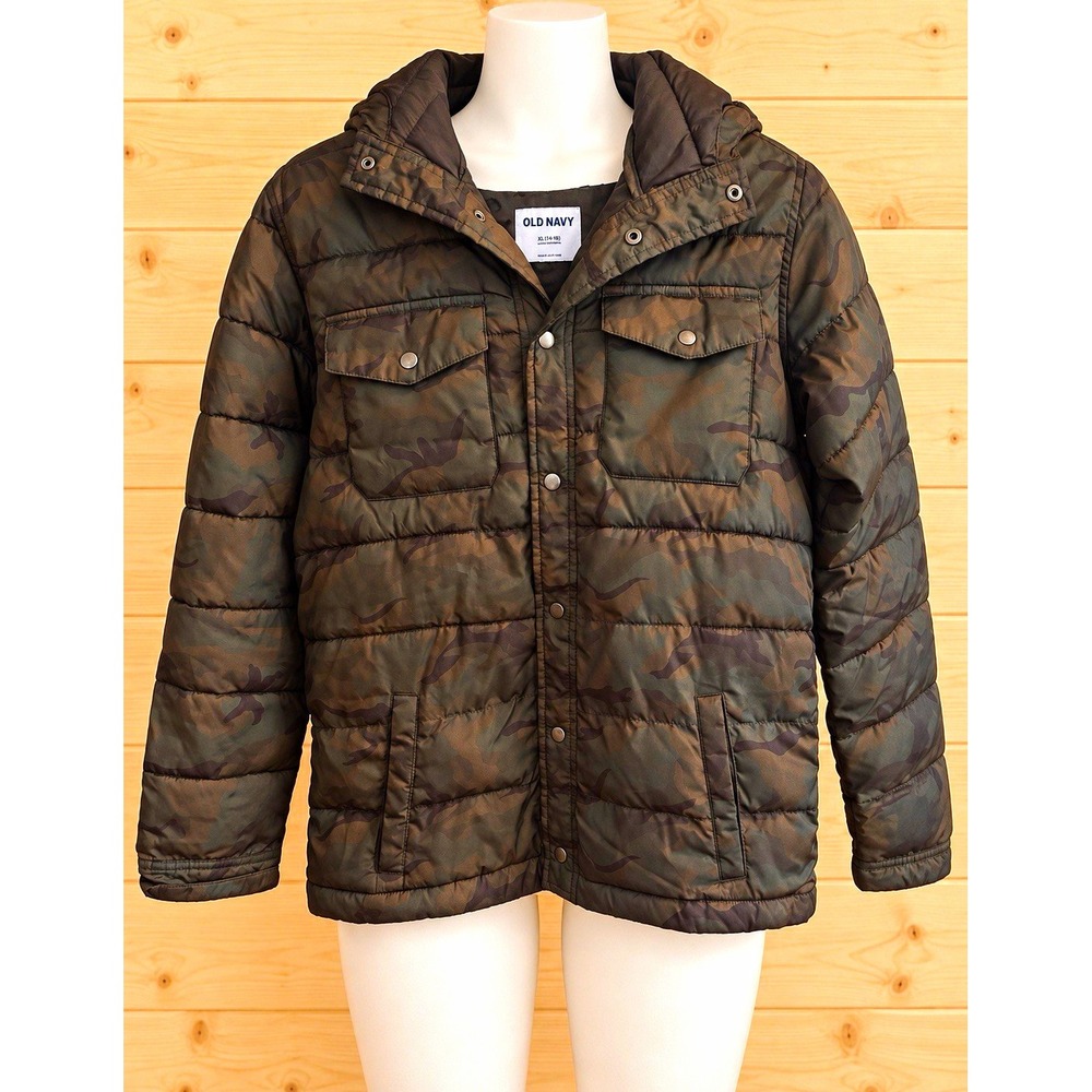 Old Navy Boys XL 14-16 Camo Hooded Puffer Jacket Green/Black Water-Resistant[A5]